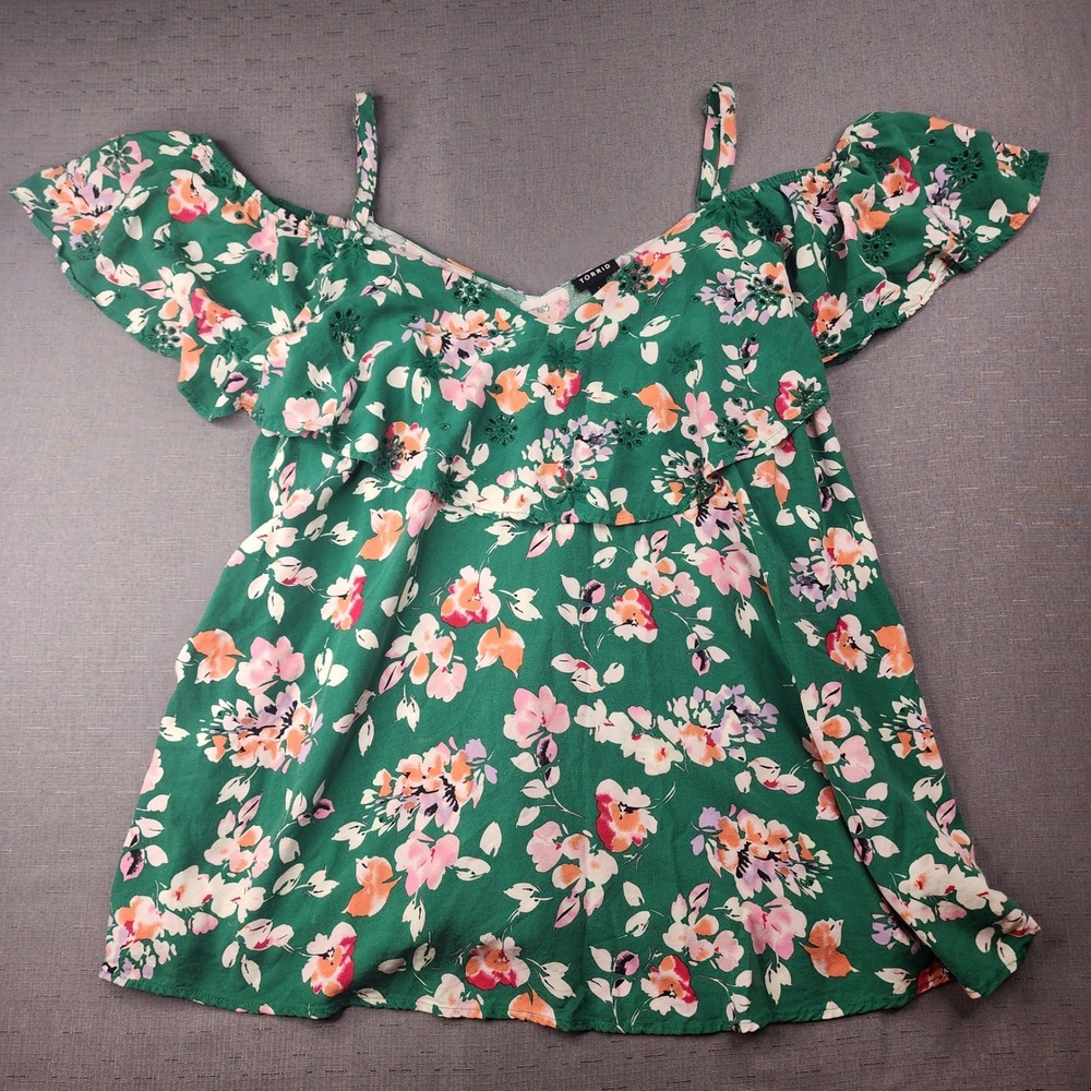 Torrid Floral Off The Shoulder Ruffle Blouse Green Eyelet Strappy Top Size 1